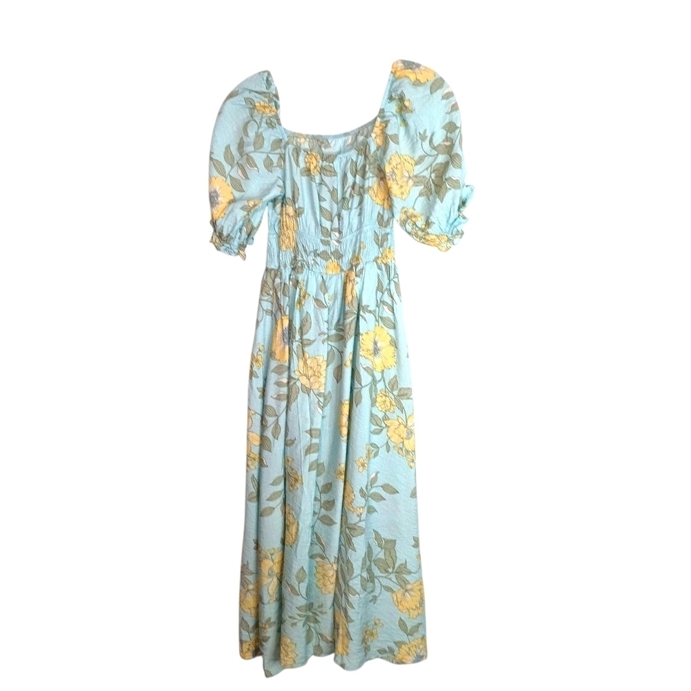 blu pepper - Floral Puff Sleeve A-Line Dress - Aqua Blue and Yellow - Size S - Picture 6 of 8